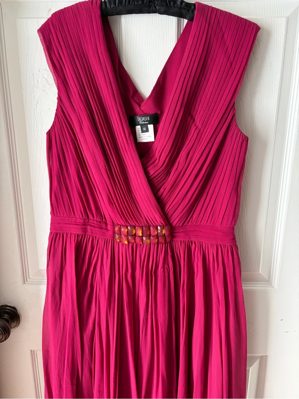 Tadashi Shoji Hot Pink Pleated V-Neck Evening Gown